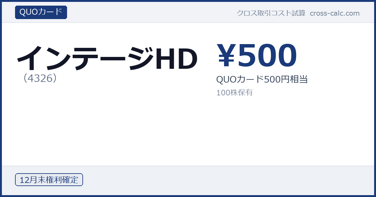 type=QUOカード|co=インテージHD|code=4326|val=500|desc=QUOカード500円相当|shares=100|months=12月末|color=#1a3a7a