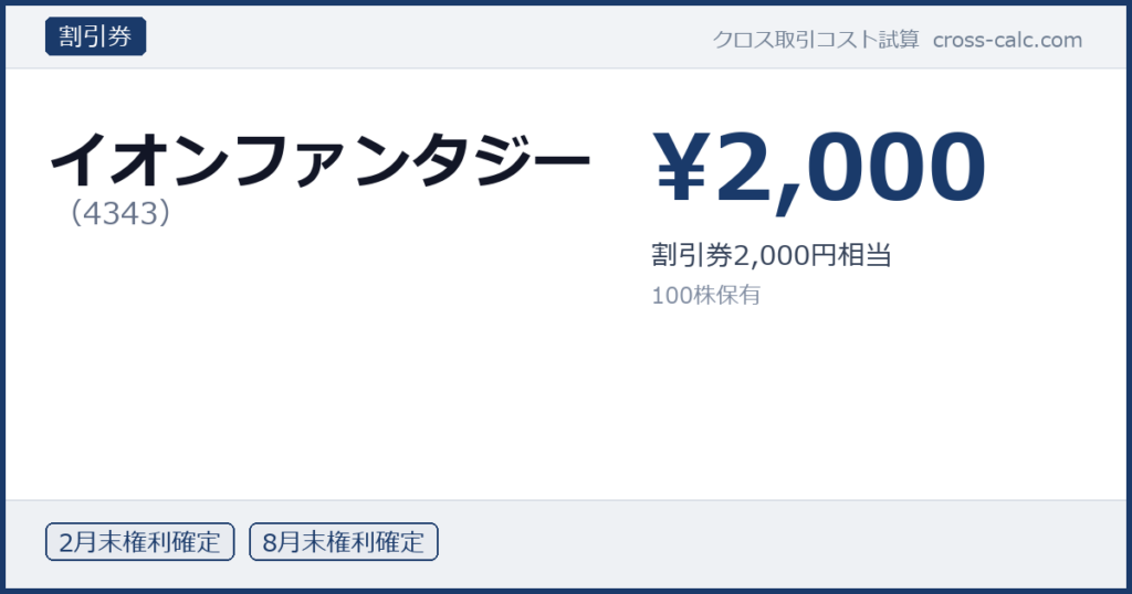 type=割引券|co=イオンファンタジー|code=4343|val=2000|desc=割引券2,000円相当|shares=100|months=2月末,8月末|color=#1a3a6a
