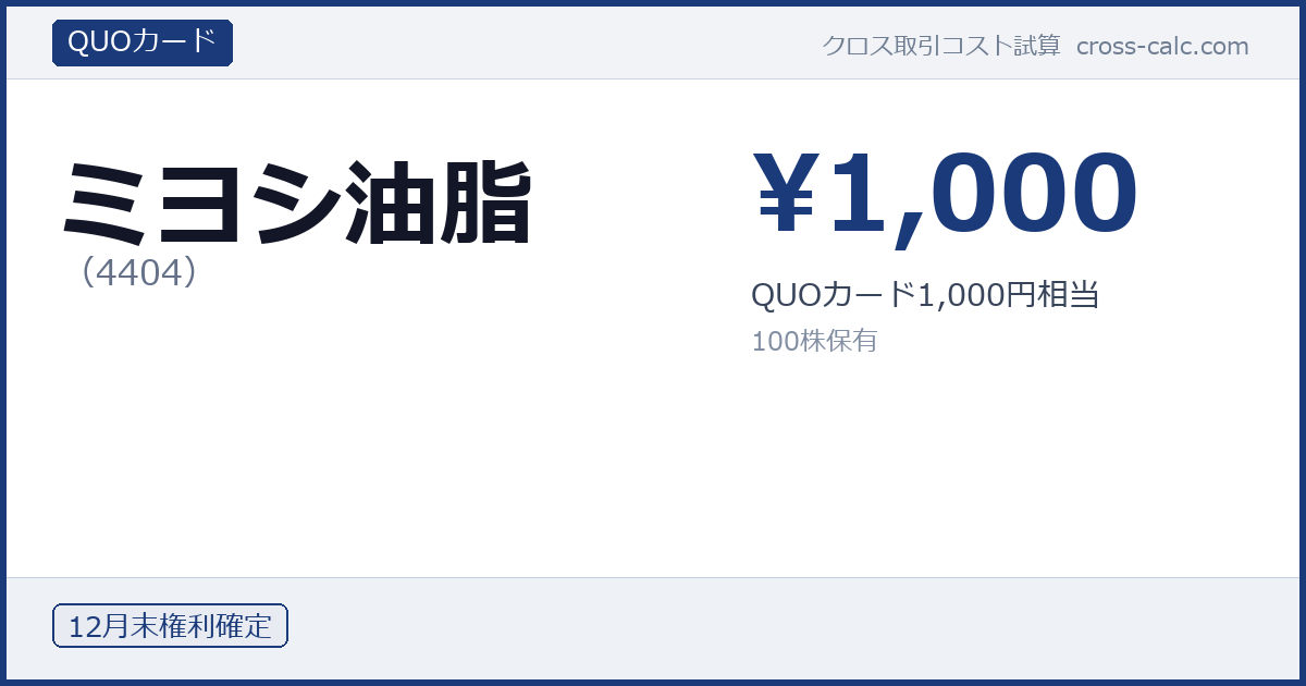 type=QUOカード|co=ミヨシ油脂|code=4404|val=1000|desc=QUOカード1,000円相当|shares=100|months=12月末|color=#1a3a7a