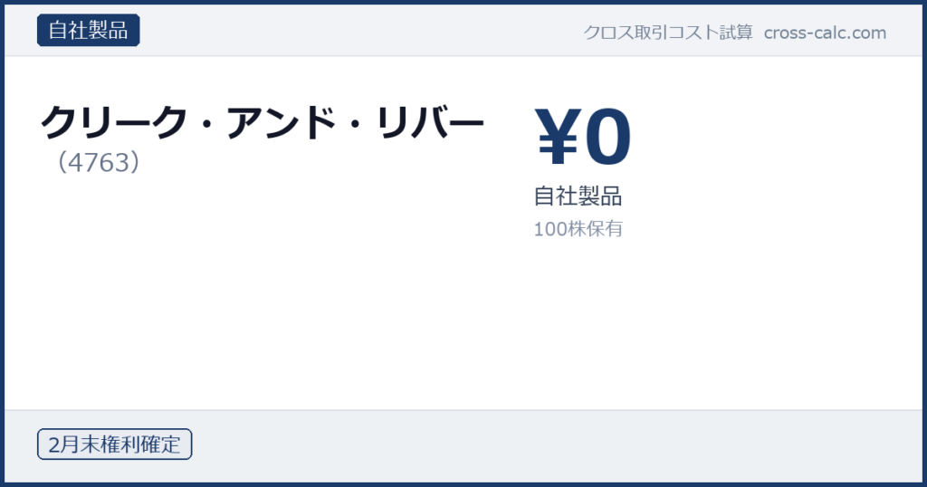 type=自社製品|co=クリーク・アンド・リバー|code=4763|val=0|desc=自社製品|shares=100|months=2月末|color=#1a3a6a