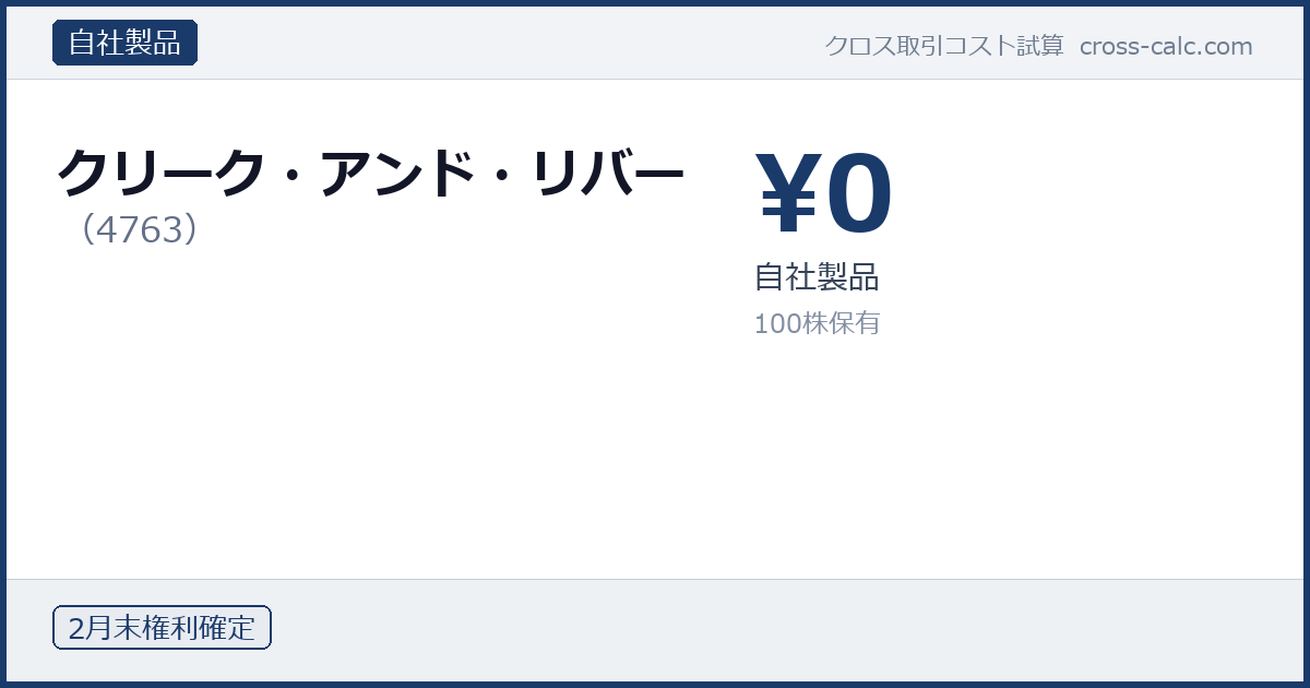 type=自社製品|co=クリーク・アンド・リバー|code=4763|val=0|desc=自社製品|shares=100|months=2月末|color=#1a3a6a