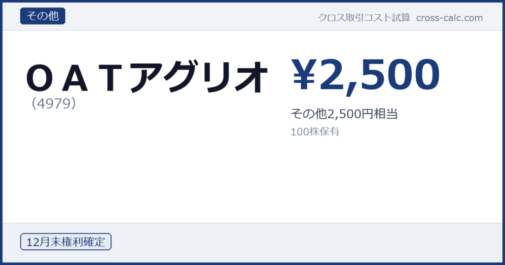 type=その他|co=ＯＡＴアグリオ|code=4979|val=2500|desc=その他2,500円相当|shares=100|months=12月末|color=#1a3a7a