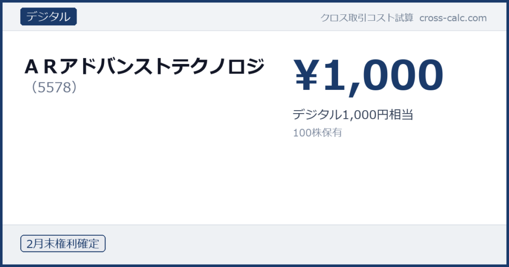 type=デジタル|co=ＡＲアドバンストテクノロジ|code=5578|val=1000|desc=デジタル1,000円相当|shares=100|months=2月末|color=#1a3a6a