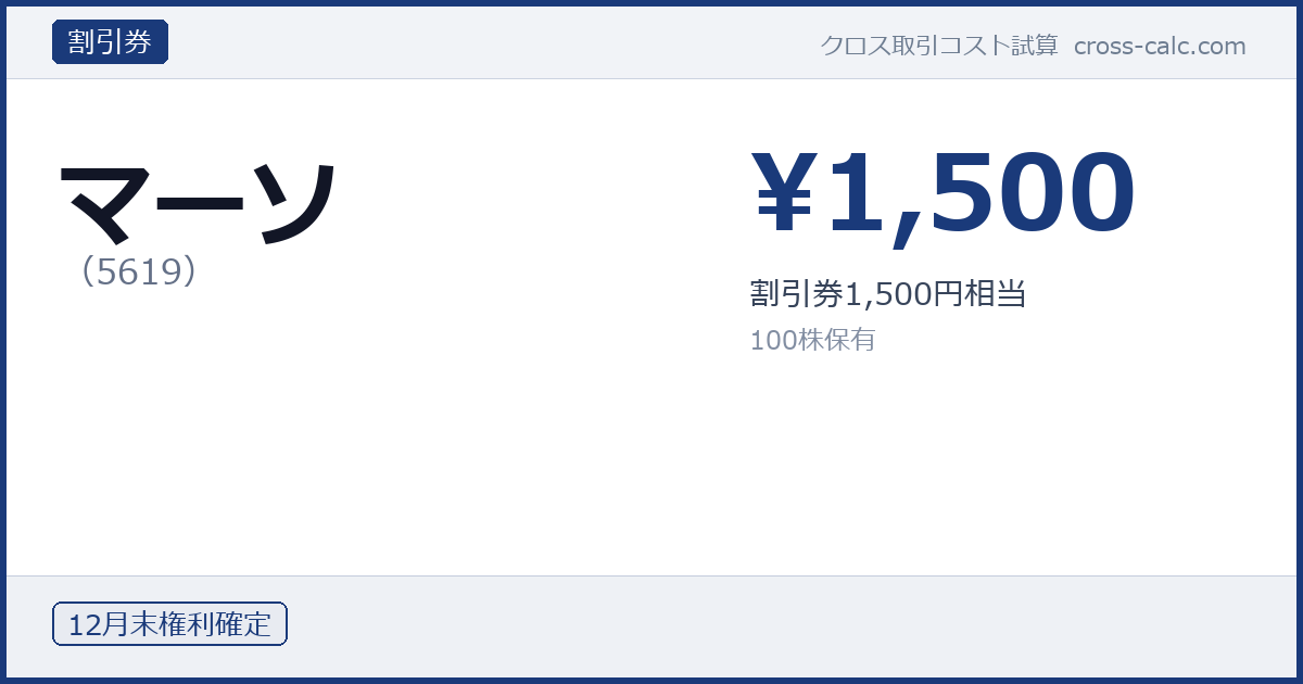 type=割引券|co=マーソ|code=5619|val=1500|desc=割引券1,500円相当|shares=100|months=12月末|color=#1a3a7a