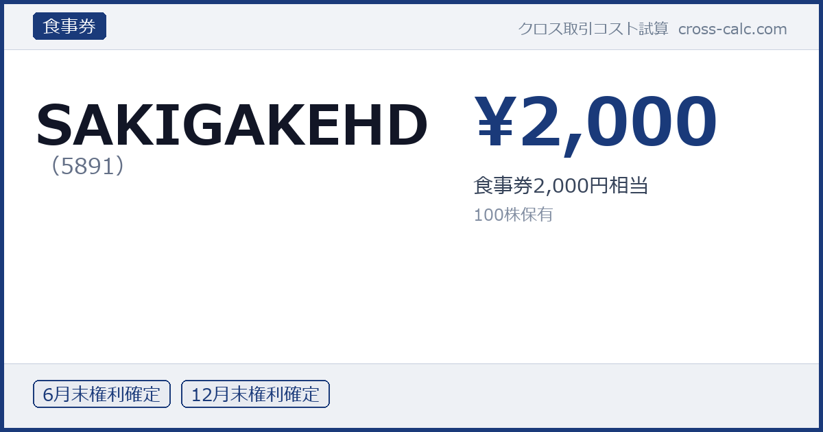 type=食事券|co=SAKIGAKEHD|code=5891|val=2000|desc=食事券2,000円相当|shares=100|months=6月末,12月末|color=#1a3a7a