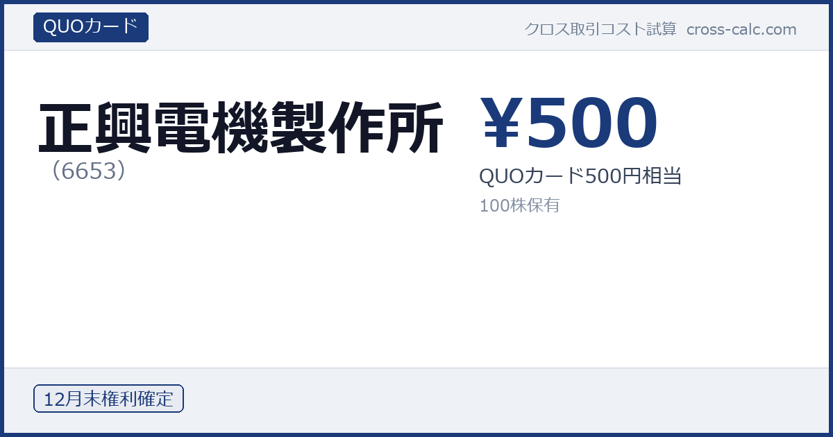 type=QUOカード|co=正興電機製作所|code=6653|val=500|desc=QUOカード500円相当|shares=100|months=12月末|color=#1a3a7a