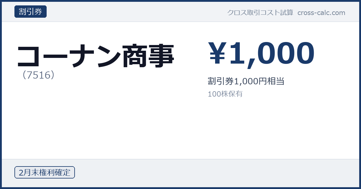 type=割引券|co=コーナン商事|code=7516|val=1000|desc=割引券1,000円相当|shares=100|months=2月末|color=#1a3a6a
