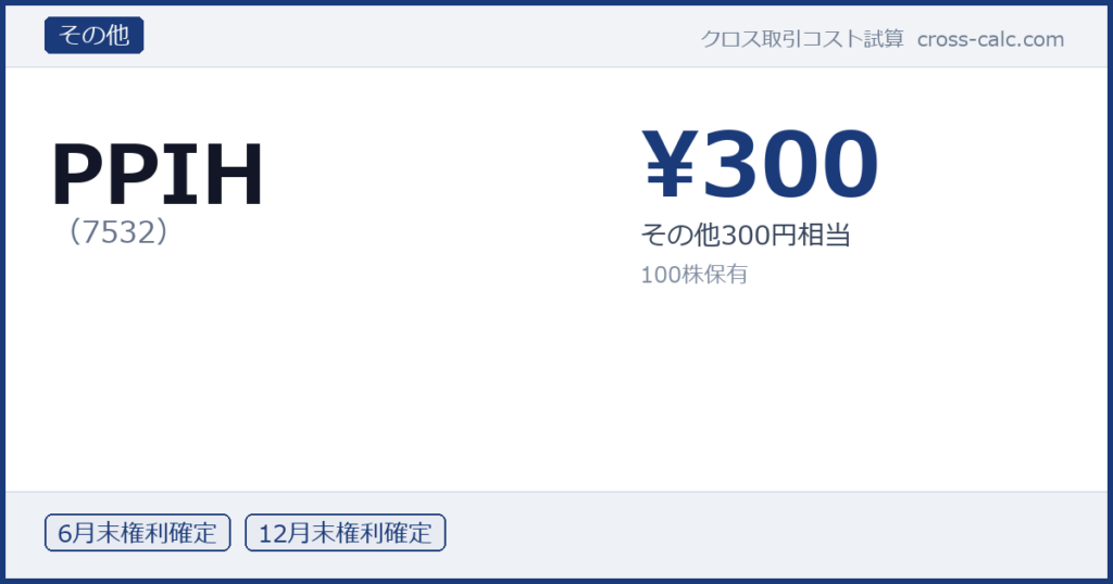 type=その他|co=PPIH|code=7532|val=300|desc=その他300円相当|shares=100|months=6月末,12月末|color=#1a3a7a