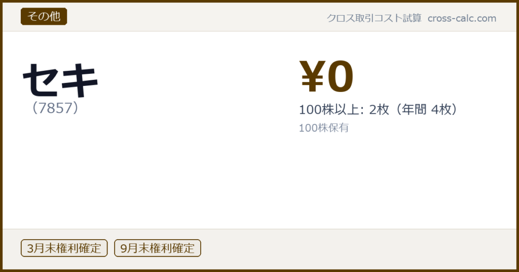 type=その他|co=セキ|code=7857|val=0|desc=100株以上: 2枚（年間 4枚）|shares=100|months=3月末,9月末|color=#5a3a00