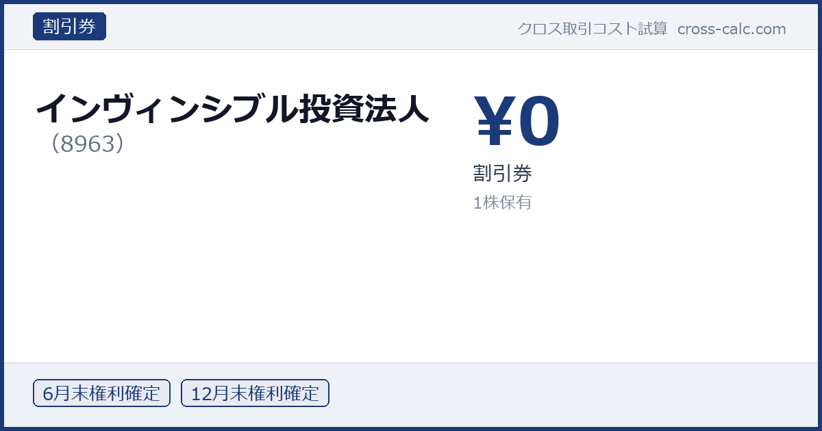 type=割引券|co=インヴィンシブル投資法人|code=8963|val=0|desc=割引券|shares=1|months=6月末,12月末|color=#1a3a7a