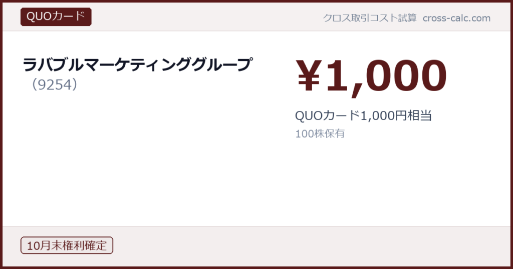 type=QUOカード|co=ラバブルマーケティンググループ|code=9254|val=1000|desc=QUOカード1,000円相当|shares=100|months=10月末|color=#5a1a1a