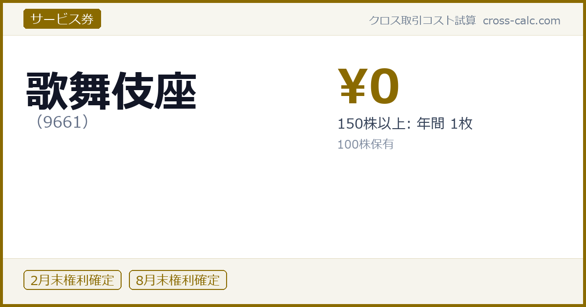 type=サービス券|co=歌舞伎座|code=9661|val=0|desc=150株以上: 年間 1枚|shares=100|months=2月末,8月末|color=#8a6a00