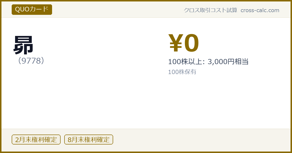 type=QUOカード|co=昴|code=9778|val=0|desc=100株以上: 3,000円相当|shares=100|months=2月末,8月末|color=#8a6a00