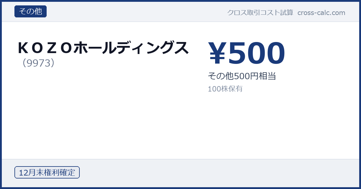 type=その他|co=ＫＯＺＯホールディングス|code=9973|val=500|desc=その他500円相当|shares=100|months=12月末|color=#1a3a7a