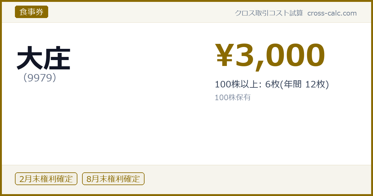 type=食事券|co=大庄|code=9979|val=3000|desc=100株以上: 6枚(年間 12枚)|shares=100|months=2月末,8月末|color=#8a6a00