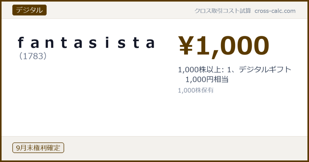 type=デジタル|co=ｆａｎｔａｓｉｓｔａ|code=1783|val=1000|desc=1,000株以上: 1、デジタルギフト　1,000円相当|shares=1000|months=9月末|color=#5a3a00