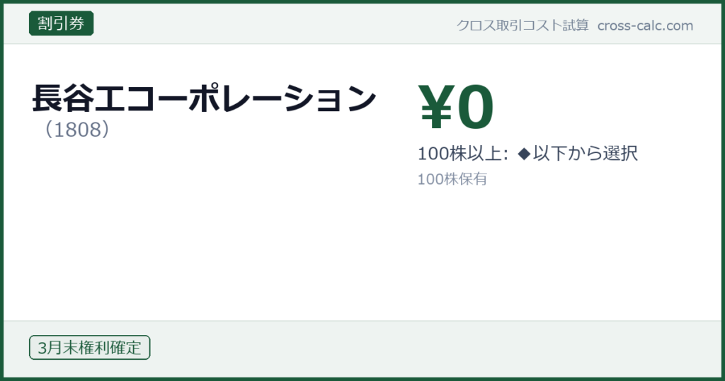type=割引券|co=長谷工コーポレーション|code=1808|val=0|desc=100株以上: ◆以下から選択|shares=100|months=3月末|color=#1a5a3a