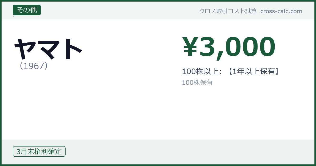 type=その他|co=ヤマト|code=1967|val=3000|desc=100株以上: 【1年以上保有】|shares=100|months=3月末|color=#1a5a3a
