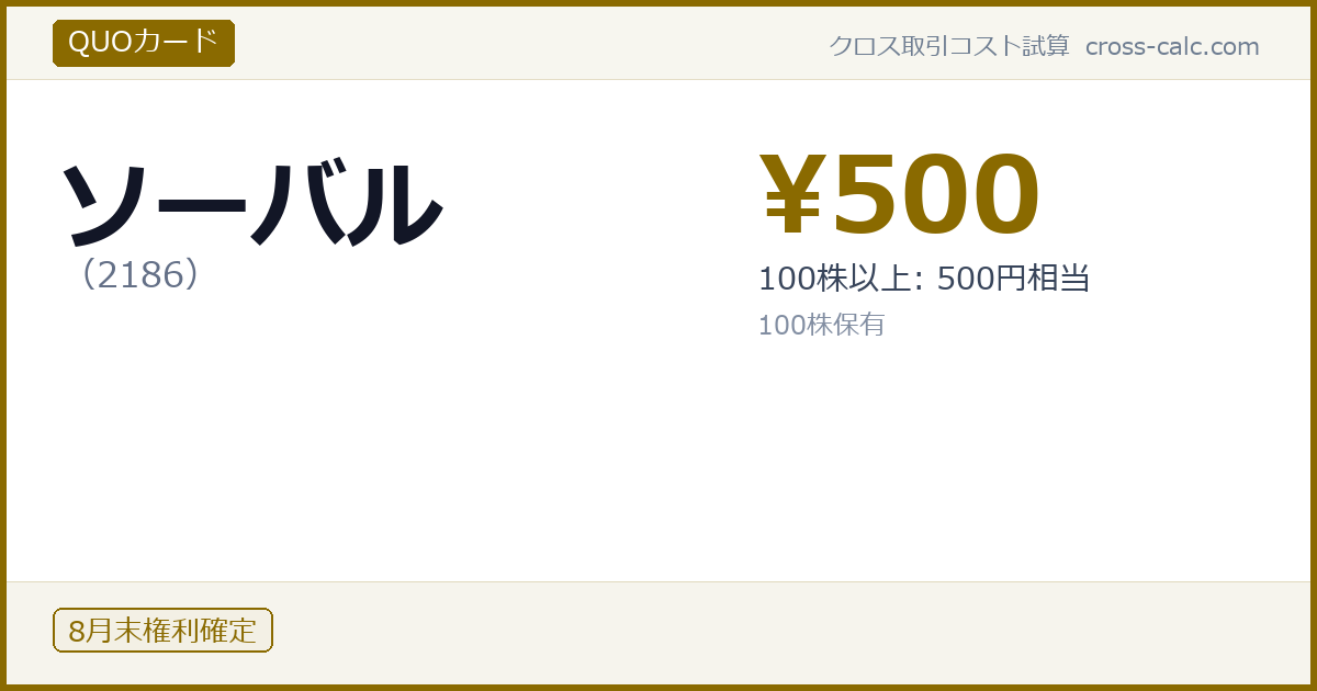 type=QUOカード|co=ソーバル|code=2186|val=500|desc=100株以上: 500円相当|shares=100|months=8月末|color=#8a6a00
