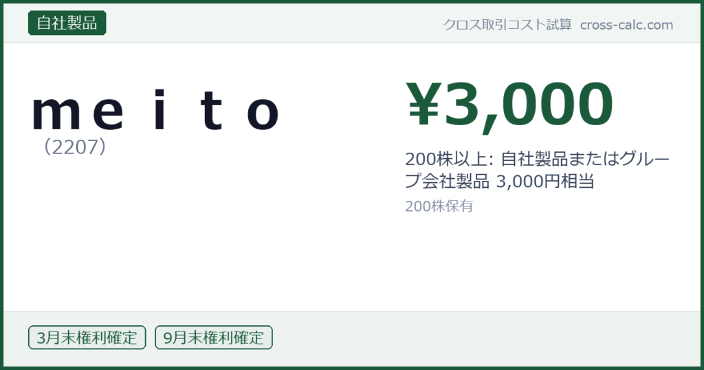 type=自社製品|co=ｍｅｉｔｏ|code=2207|val=3000|desc=200株以上: 自社製品またはグループ会社製品 3,000円相当|shares=200|months=3月末,9月末|color=#1a5a3a