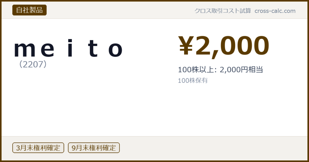 type=自社製品|co=ｍｅｉｔｏ|code=2207|val=2000|desc=100株以上: 2,000円相当|shares=100|months=3月末,9月末|color=#5a3a00
