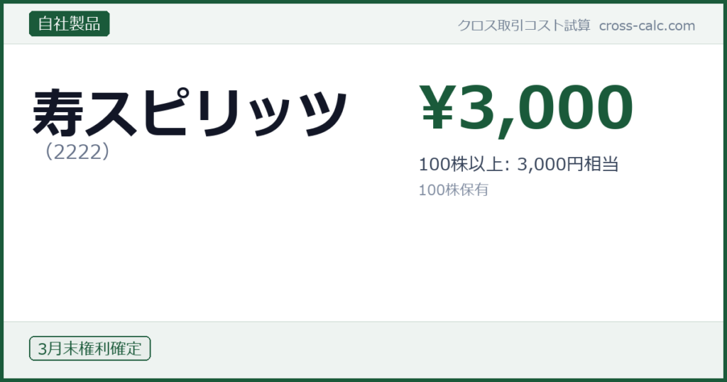 type=自社製品|co=寿スピリッツ|code=2222|val=3000|desc=100株以上: 3,000円相当|shares=100|months=3月末|color=#1a5a3a