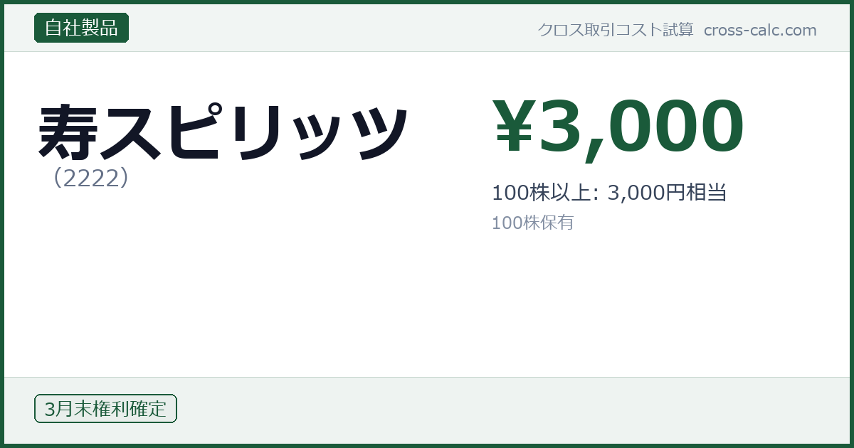 type=自社製品|co=寿スピリッツ|code=2222|val=3000|desc=100株以上: 3,000円相当|shares=100|months=3月末|color=#1a5a3a