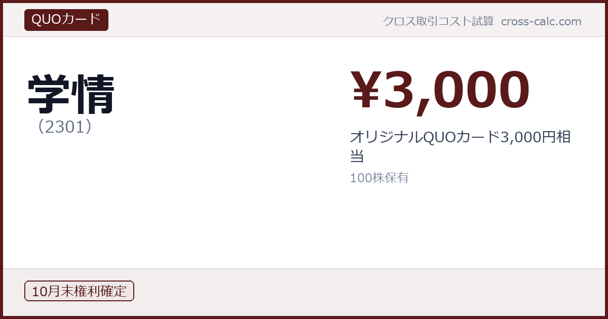 type=QUOカード|co=学情|code=2301|val=3000|desc=オリジナルQUOカード3,000円相当|shares=100|months=10月末|color=#5a1a1a