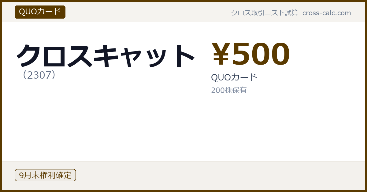 type=QUOカード|co=クロスキャット|code=2307|val=500|desc=QUOカード|shares=200|months=9月末|color=#5a3a00
