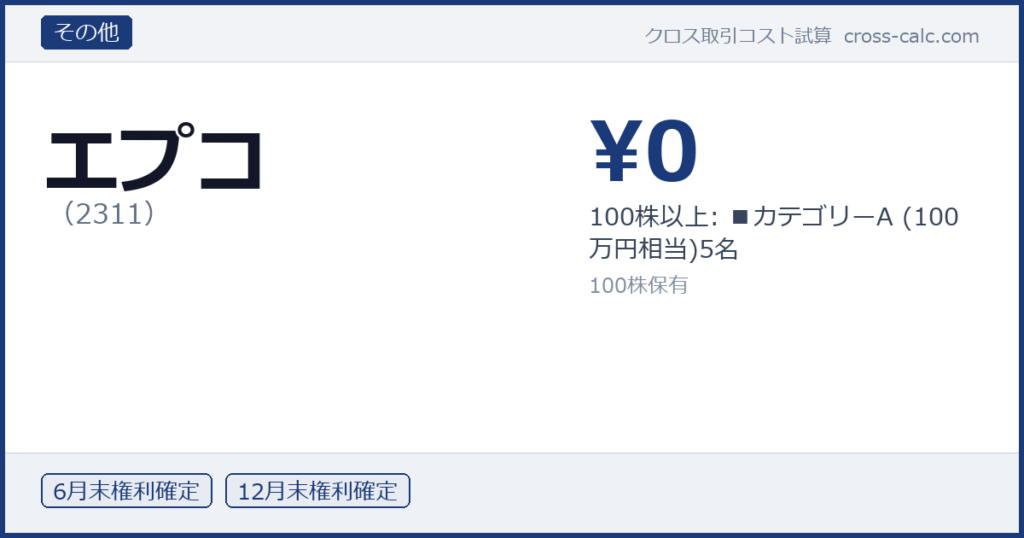 type=その他|co=エプコ|code=2311|val=0|desc=100株以上: ■カテゴリーA (100万円相当)5名|shares=100|months=6月末,12月末|color=#1a3a7a