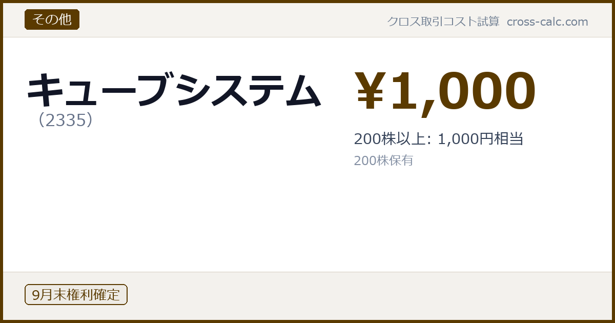 type=その他|co=キューブシステム|code=2335|val=1000|desc=200株以上: 1,000円相当|shares=200|months=9月末|color=#5a3a00