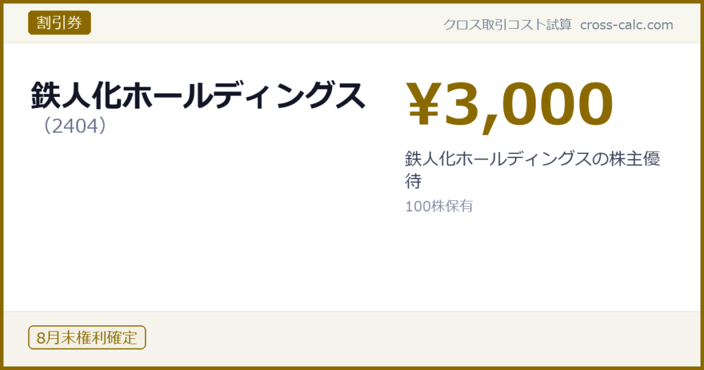 type=割引券|co=鉄人化ホールディングス|code=2404|val=3000|desc=鉄人化ホールディングスの株主優待|shares=100|months=8月末|color=#8a6a00
