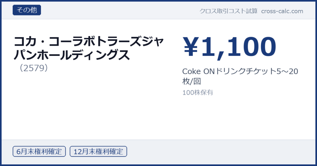 type=その他|co=コカ・コーラボトラーズジャパンホールディングス|code=2579|val=1100|desc=Coke ONドリンクチケット5〜20枚/回|shares=100|months=6月末,12月末|color=#1a3a7a