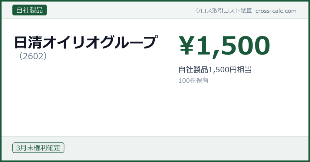 type=自社製品|co=日清オイリオグループ|code=2602|val=1500|desc=自社製品1,500円相当|shares=100|months=3月末|color=#1a5a3a