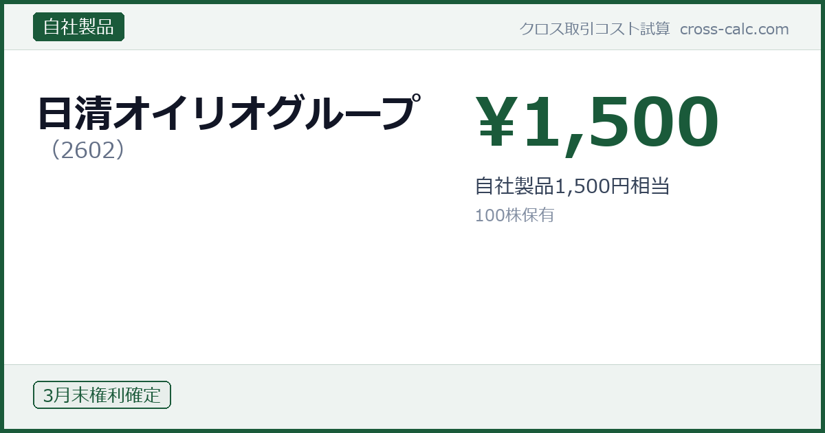 type=自社製品|co=日清オイリオグループ|code=2602|val=1500|desc=自社製品1,500円相当|shares=100|months=3月末|color=#1a5a3a
