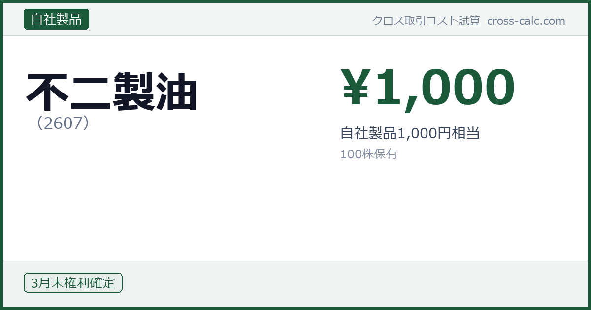 type=自社製品|co=不二製油|code=2607|val=1000|desc=自社製品1,000円相当|shares=100|months=3月末|color=#1a5a3a