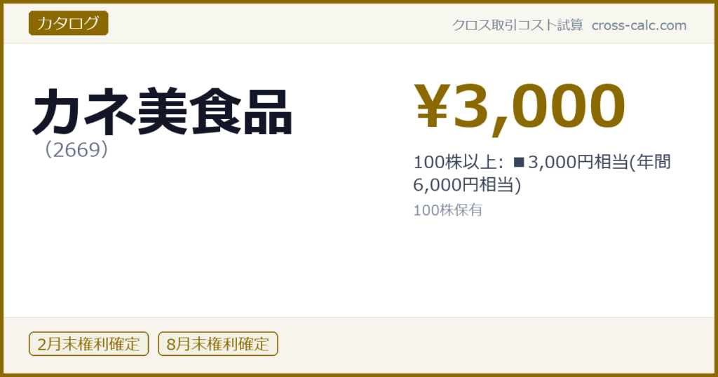 type=カタログ|co=カネ美食品|code=2669|val=3000|desc=100株以上: ■3,000円相当(年間 6,000円相当)|shares=100|months=2月末,8月末|color=#8a6a00