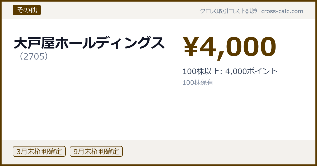 type=その他|co=大戸屋ホールディングス|code=2705|val=4000|desc=100株以上: 4,000ポイント|shares=100|months=3月末,9月末|color=#5a3a00