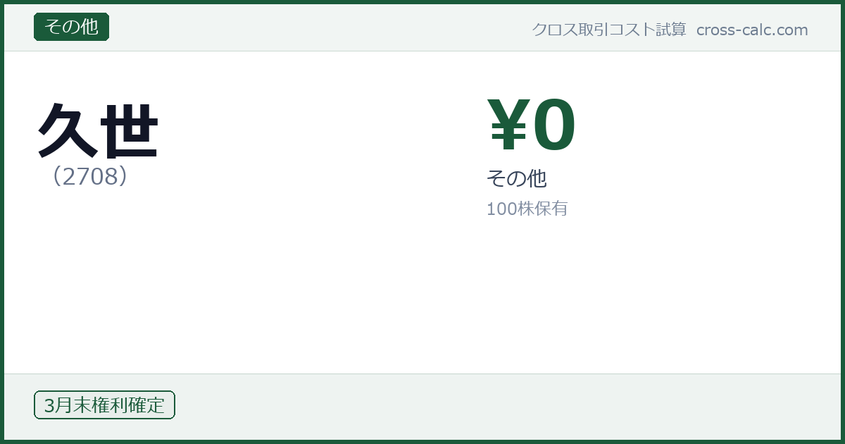 type=その他|co=久世|code=2708|val=0|desc=その他|shares=100|months=3月末|color=#1a5a3a