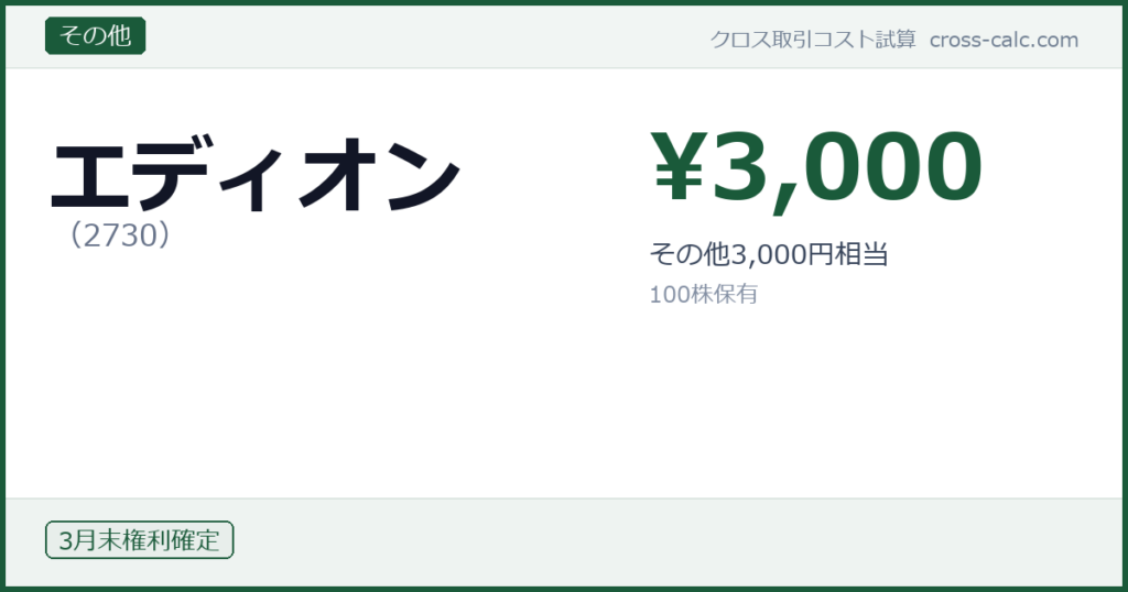 type=その他|co=エディオン|code=2730|val=3000|desc=その他3,000円相当|shares=100|months=3月末|color=#1a5a3a