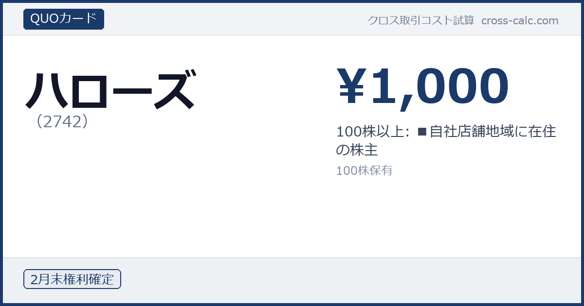type=QUOカード|co=ハローズ|code=2742|val=1000|desc=100株以上: ■自社店舗地域に在住の株主|shares=100|months=2月末|color=#1a3a6a