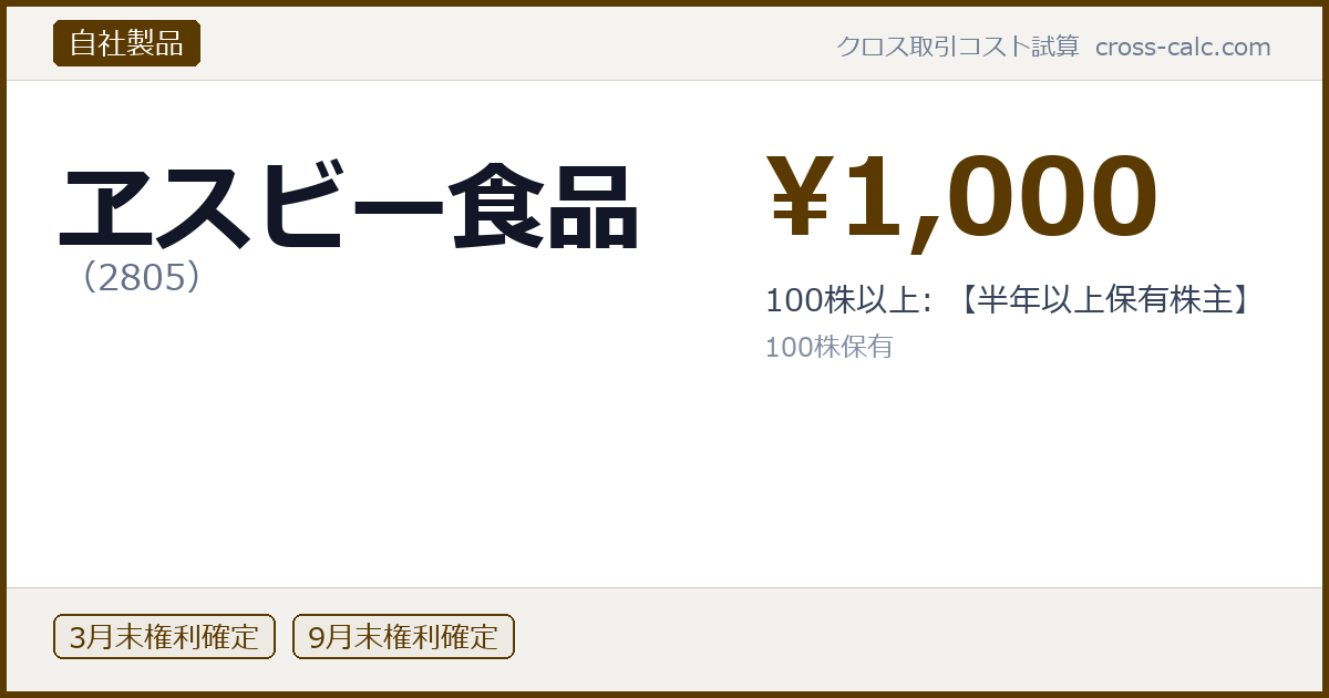 type=自社製品|co=ヱスビー食品|code=2805|val=1000|desc=100株以上: 【半年以上保有株主】|shares=100|months=3月末,9月末|color=#5a3a00