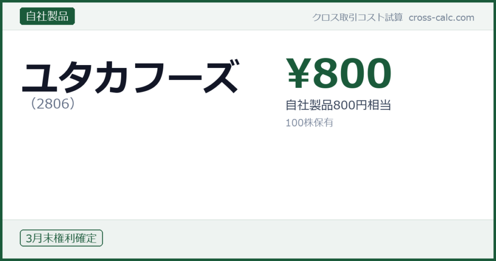 type=自社製品|co=ユタカフーズ|code=2806|val=800|desc=自社製品800円相当|shares=100|months=3月末|color=#1a5a3a