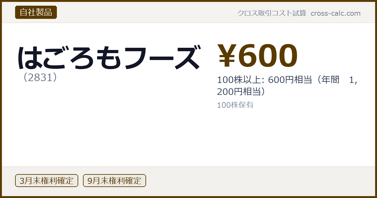 type=自社製品|co=はごろもフーズ|code=2831|val=600|desc=100株以上: 600円相当（年間　1,200円相当）|shares=100|months=3月末,9月末|color=#5a3a00