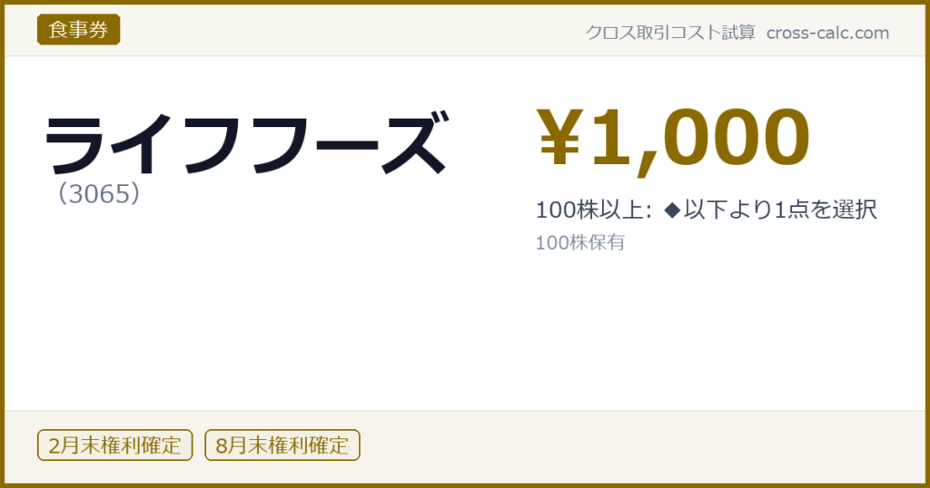 type=食事券|co=ライフフーズ|code=3065|val=1000|desc=100株以上: ◆以下より1点を選択|shares=100|months=2月末,8月末|color=#8a6a00