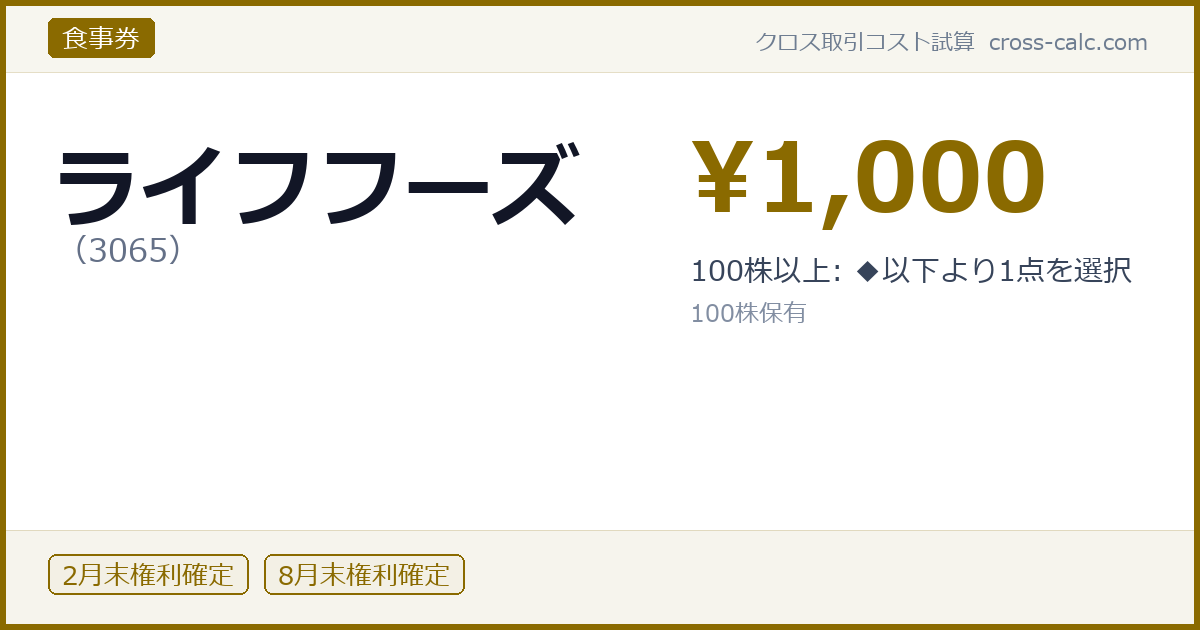 type=食事券|co=ライフフーズ|code=3065|val=1000|desc=100株以上: ◆以下より1点を選択|shares=100|months=2月末,8月末|color=#8a6a00