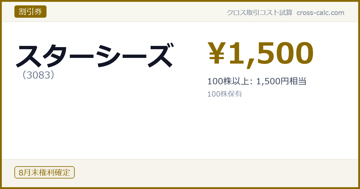 type=割引券|co=スターシーズ|code=3083|val=1500|desc=100株以上: 1,500円相当|shares=100|months=8月末|color=#8a6a00