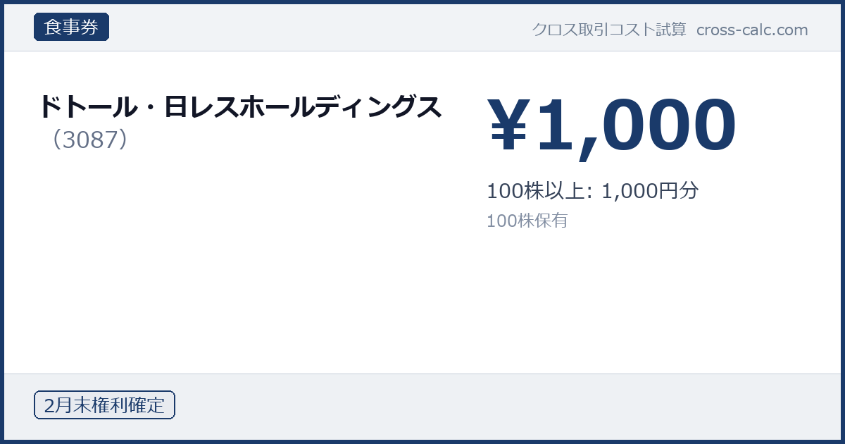 type=食事券|co=ドトール・日レスホールディングス|code=3087|val=1000|desc=100株以上: 1,000円分|shares=100|months=2月末|color=#1a3a6a