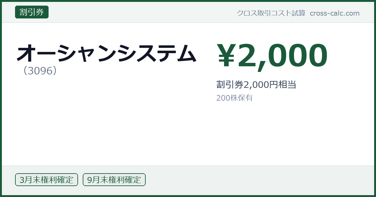 type=割引券|co=オーシャンシステム|code=3096|val=2000|desc=割引券2,000円相当|shares=200|months=3月末,9月末|color=#1a5a3a