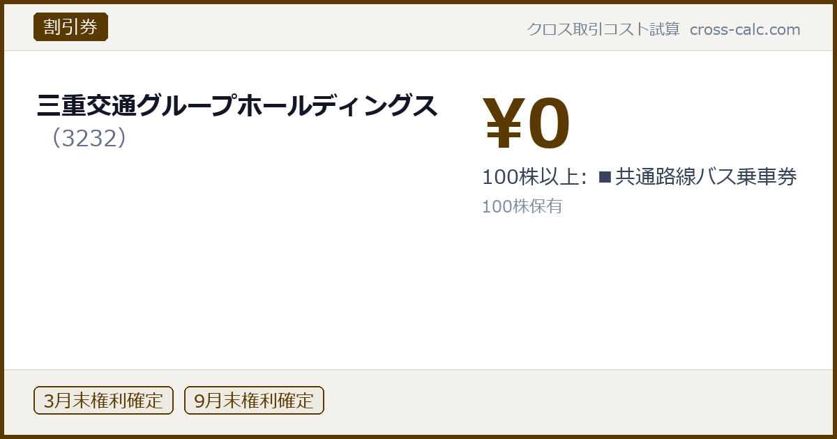 type=割引券|co=三重交通グループホールディングス|code=3232|val=0|desc=100株以上: ■共通路線バス乗車券|shares=100|months=3月末,9月末|color=#5a3a00